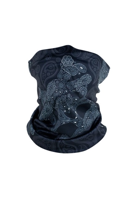 skull print neck gaiter in black and charcoal gray
