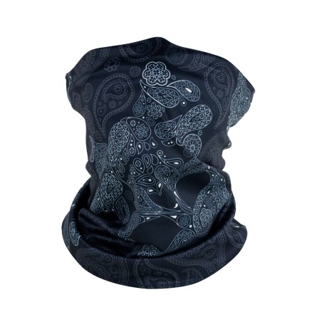 skull print neck gaiter in black and charcoal gray