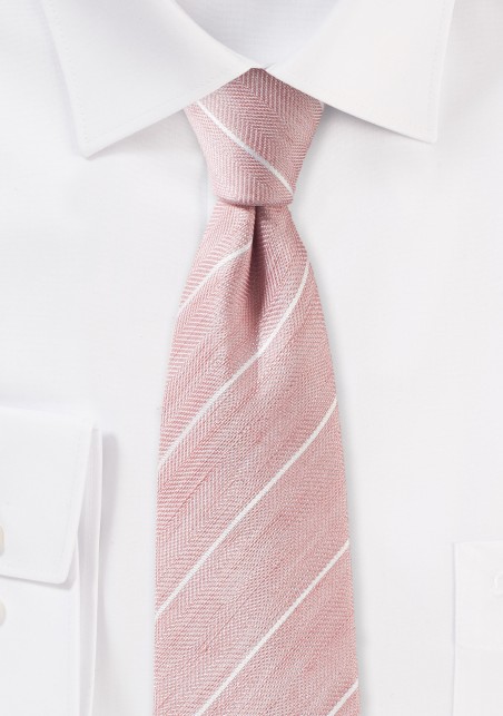 Blush Pink Linen Tie with White Stripes