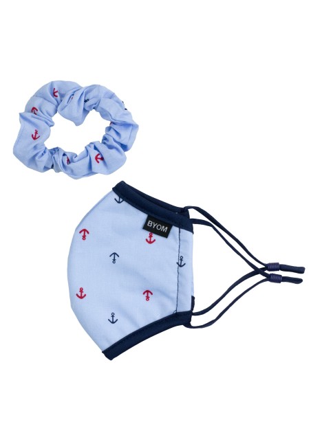 Set of Kids Face Mask and Scrunchie with Anchor Print in Light Blue