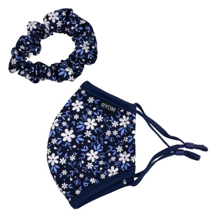 blue flower print mask and hair scrunchie for kids