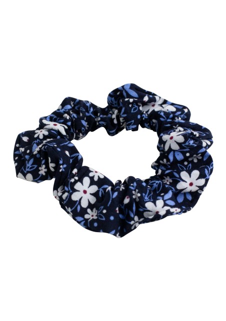 teen hair scrunchie in blue and white flower design print
