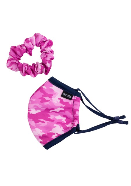 camo print face mask and matching scrunchie in bright pink