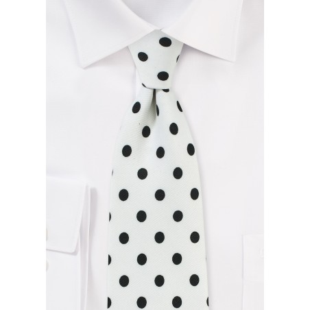 White Designer Tie with Navy Polka Dots