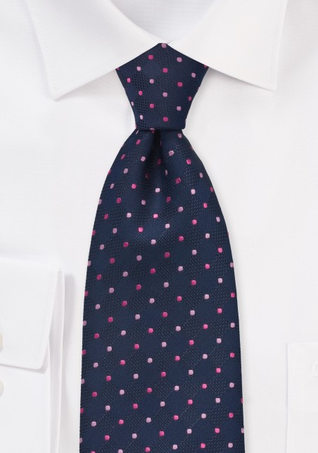 Navy Tie with Pink Polka Dots