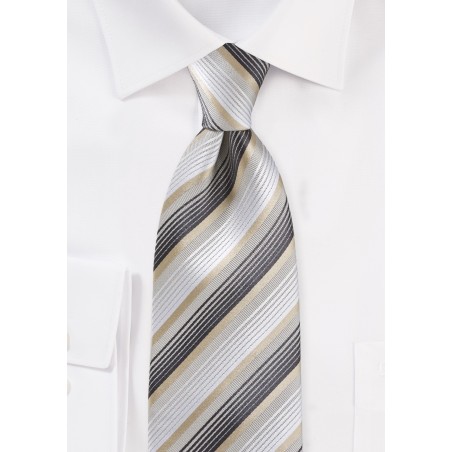 Striped Tie in Whites, Golds and Charcoals