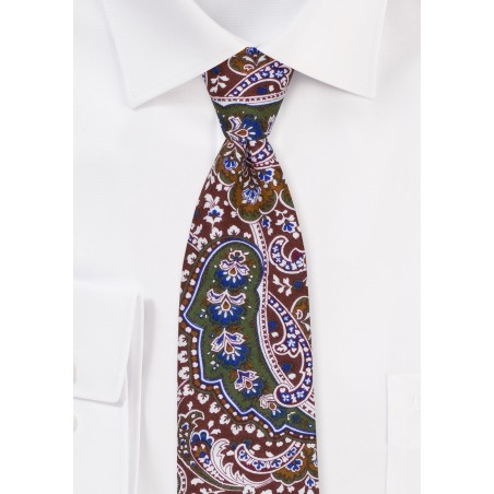 Cotton Paisley Tie in Dark Green and Brown