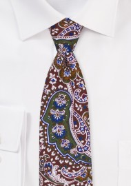 Cotton Paisley Tie in Dark Green and Brown