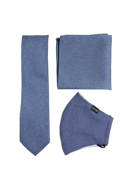 Denim Blue Mask and Tie Set | Men's Necktie, Face Mask, Hanky in Solid Denim Steel Blue
