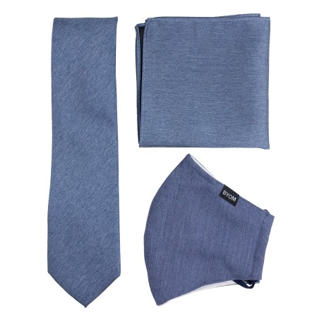 Denim Blue Mask and Tie Set | Men's Necktie, Face Mask, Hanky in Solid Denim Steel Blue