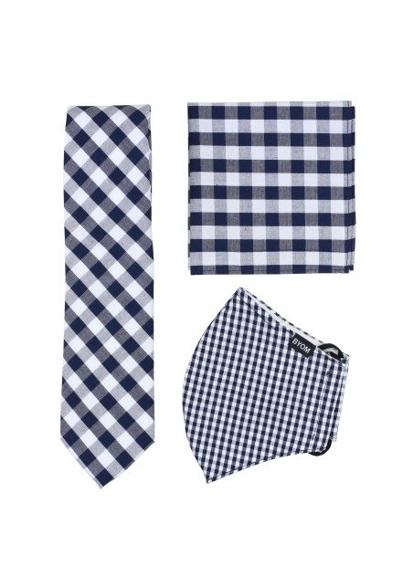 Navy and White Gingham Check Mask and Tie Set