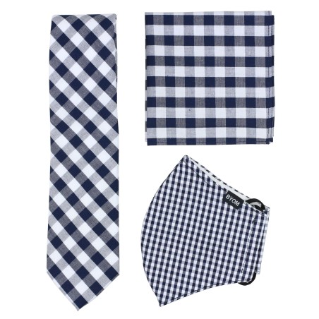 Navy and White Gingham Check Mask and Tie Set