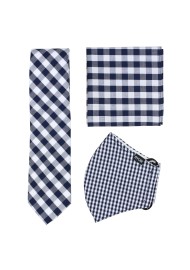 Navy and White Gingham Check Mask and Tie Set