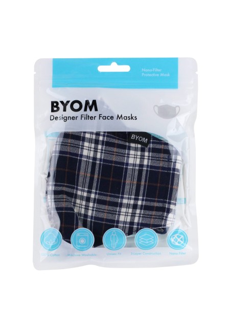 Navy and Silver Checkered Face Mask in Cotton in Mask Bag