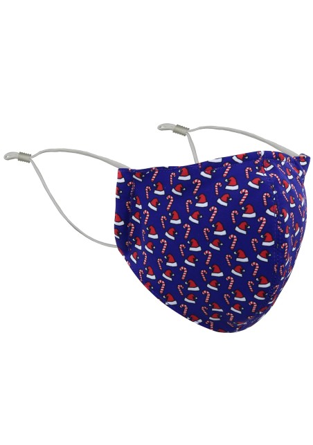 Royal Blue Santa Hat and Candy Cane Mask | Holiday Print Mask with Santa Hats and Candy Cane Print