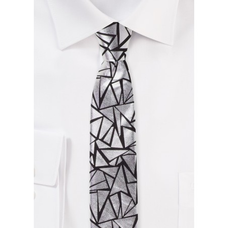 Geo Print Skinny Tie in Black and Metallic Silver