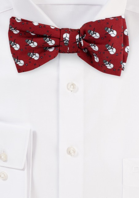 Cherry Red Bow Tie with Snowman Print
