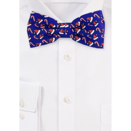 Blue Bow Tie with Red Santa Hats and Candy Canes