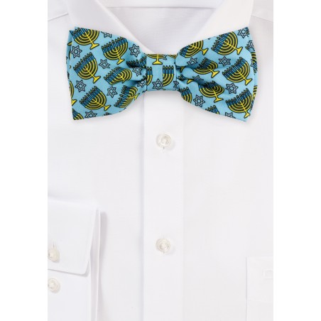 Light Blue Bow Tie with Menorah Print