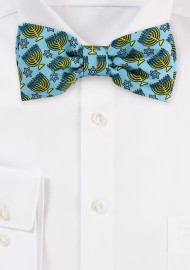 Light Blue Bow Tie with Menorah Print