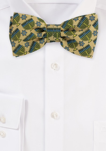 Gold Bow Tie with Stars of David and Menorahs