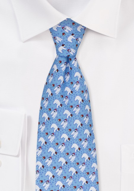 Polar Bears in Santa Hats Tie in Ice Blue