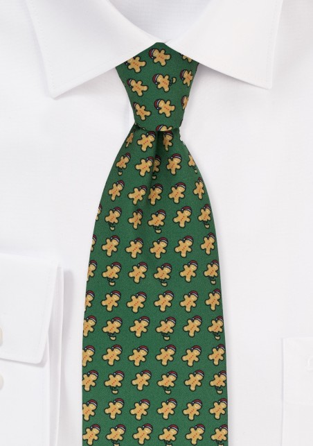 Dark Green Christmas Tie with Gingerbread Men