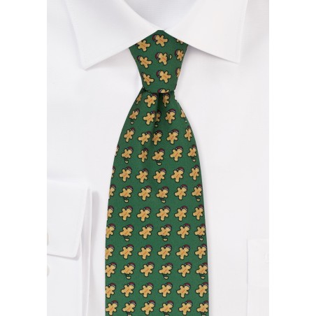 Dark Green Christmas Tie with Gingerbread Men