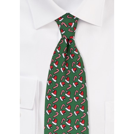 Santa Hat and Candy Cane Print Tie in Green