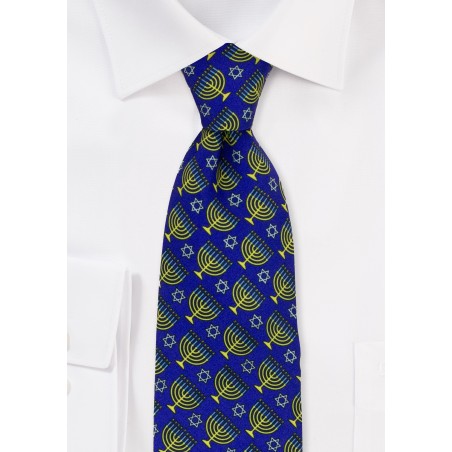 Blue and Gold Menorah Print Necktie