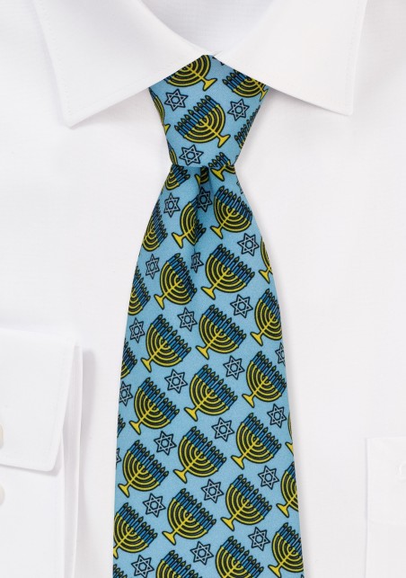 Hanukkah Print Tie in Light Blue with Gold Menorahs