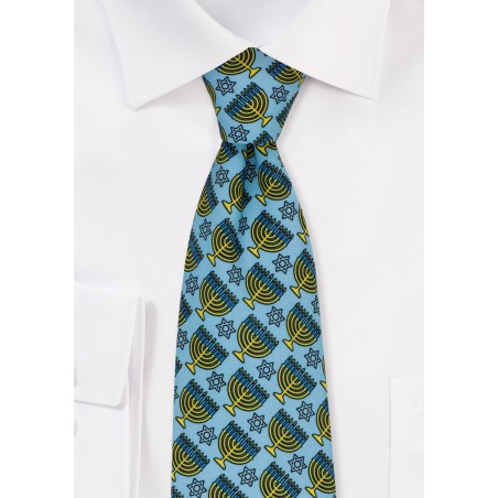 Hanukkah Print Tie in Light Blue with Gold Menorahs