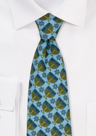 Hanukkah Print Tie in Light Blue with Gold Menorahs