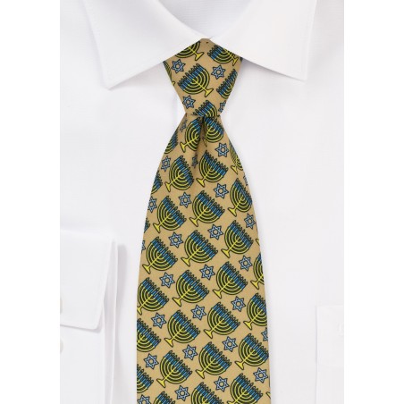 Gold Menorah Print Hanukkah Tie