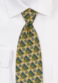 Gold Menorah Print Hanukkah Tie