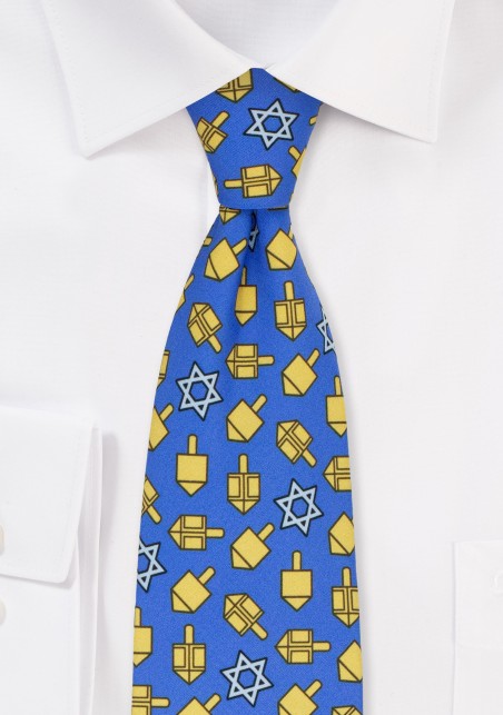 Dreidel Print Tie in Blue and Gold