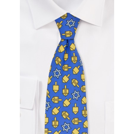 Dreidel Print Tie in Blue and Gold