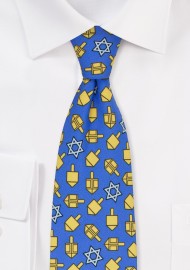Dreidel Print Tie in Blue and Gold