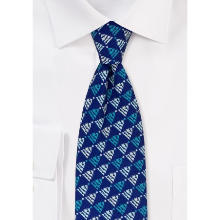 Navy Tie with Teal Christmas Tree Print