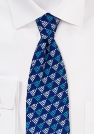 Navy Tie with Teal Christmas Tree Print