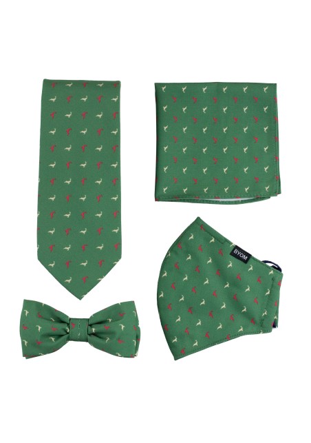 Dark Green Reindeer Print Mask and Tie Set