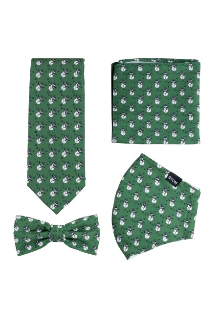Dark Green Mask and Tie Set with Tiny Snowmen