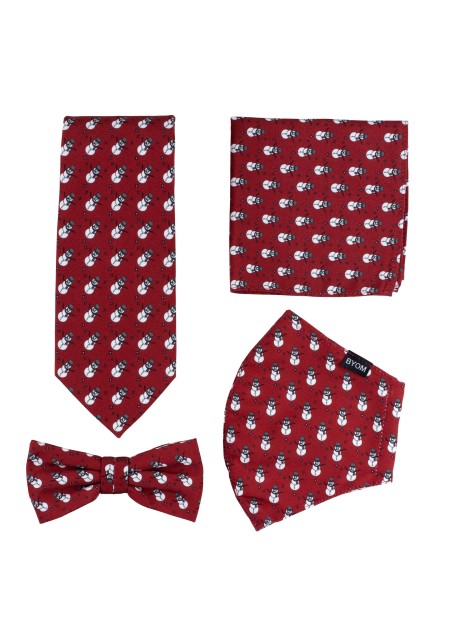 Snowman Print Mask and Tie Set in Red