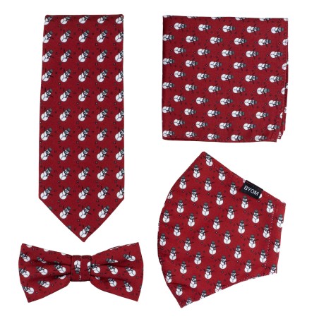 Snowman Print Mask and Tie Set in Red