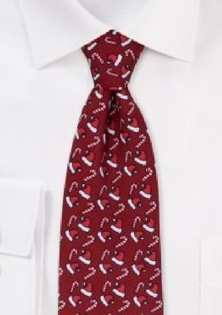 Santa Hats and Candy Cane Print Necktie in Red