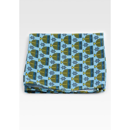 Light Blue and Gold Menorah Print Hanky