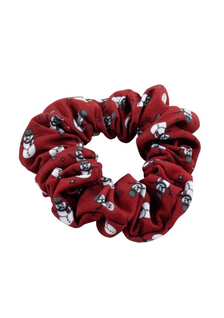 Crimson Red Hair Scrunchie with Snowmen