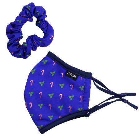 Blue Christmas Print Mask and Scrunchie Set