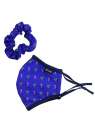 Blue Christmas Print Mask and Scrunchie Set