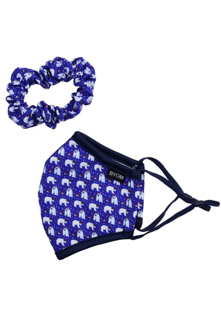 Navy Polar Bear Print Mask and Scrunchie Set